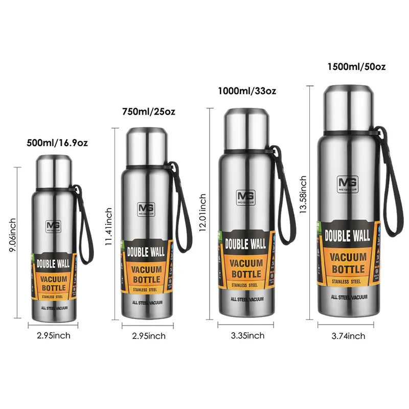 Insulated Stainless Steel Thermos Bottle with Rope Handle - Large Capacity Vacuum Flask