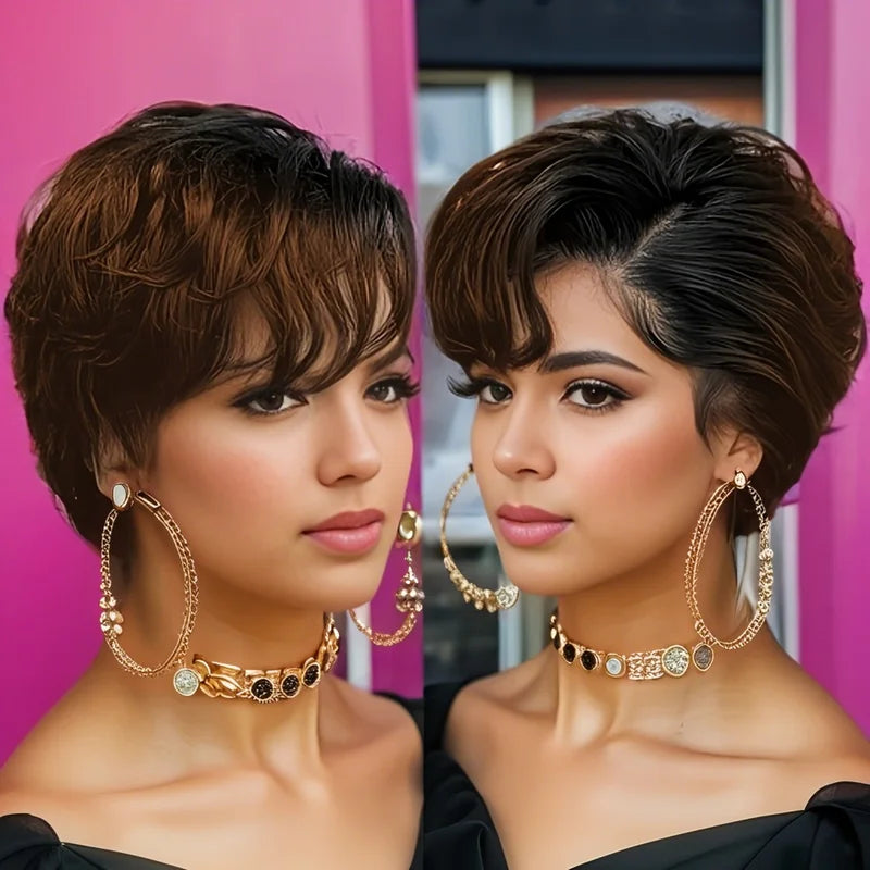 13x4 Lace Front Human Hair Wig Short Pixie Cut with Bangs & Natural Wave