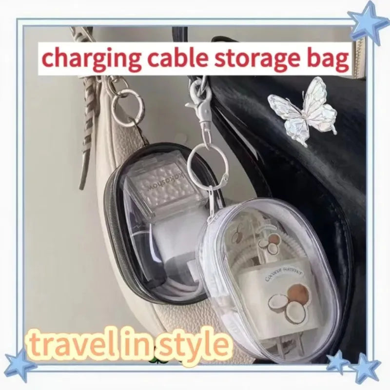 Mini Transparent Storage Bag with Zipper & Keychain - Travel Organizer for Earphones & Chargers