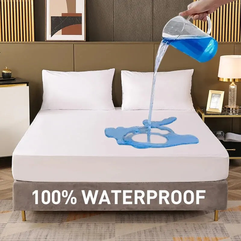 Waterproof Fitted Bed Sheet Mattress Cover Solid Color Bed Protector for Bedroom