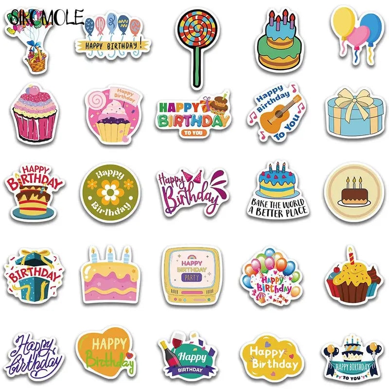 Kids Cartoon Happy Birthday Sticker Set - Graffiti, Kawaii, Toy DIY Decals, Multiple Colors
