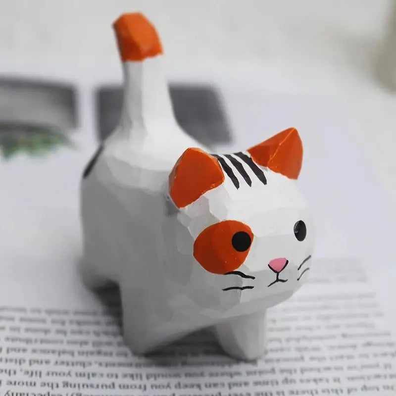 Wood Carving Kitten Ornament - Handmade Small Animal Desktop Decoration