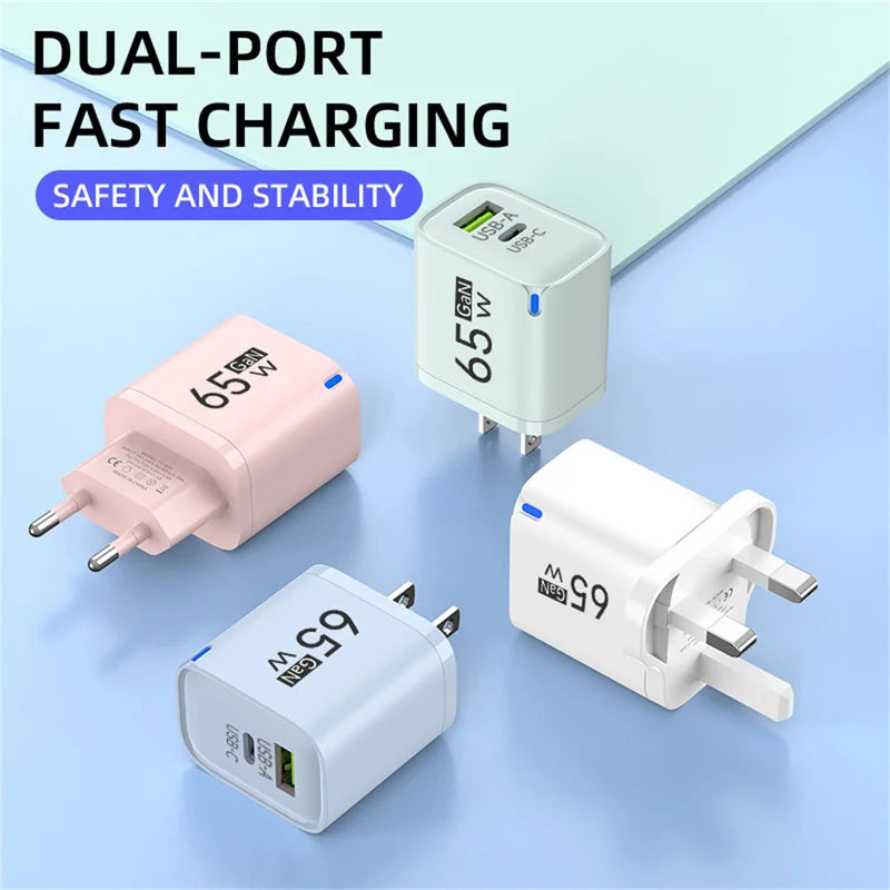 GaN 65W Fast USB-C Charger with Dual Ports, Universal Compatibility, Compact & Travel-Friendly