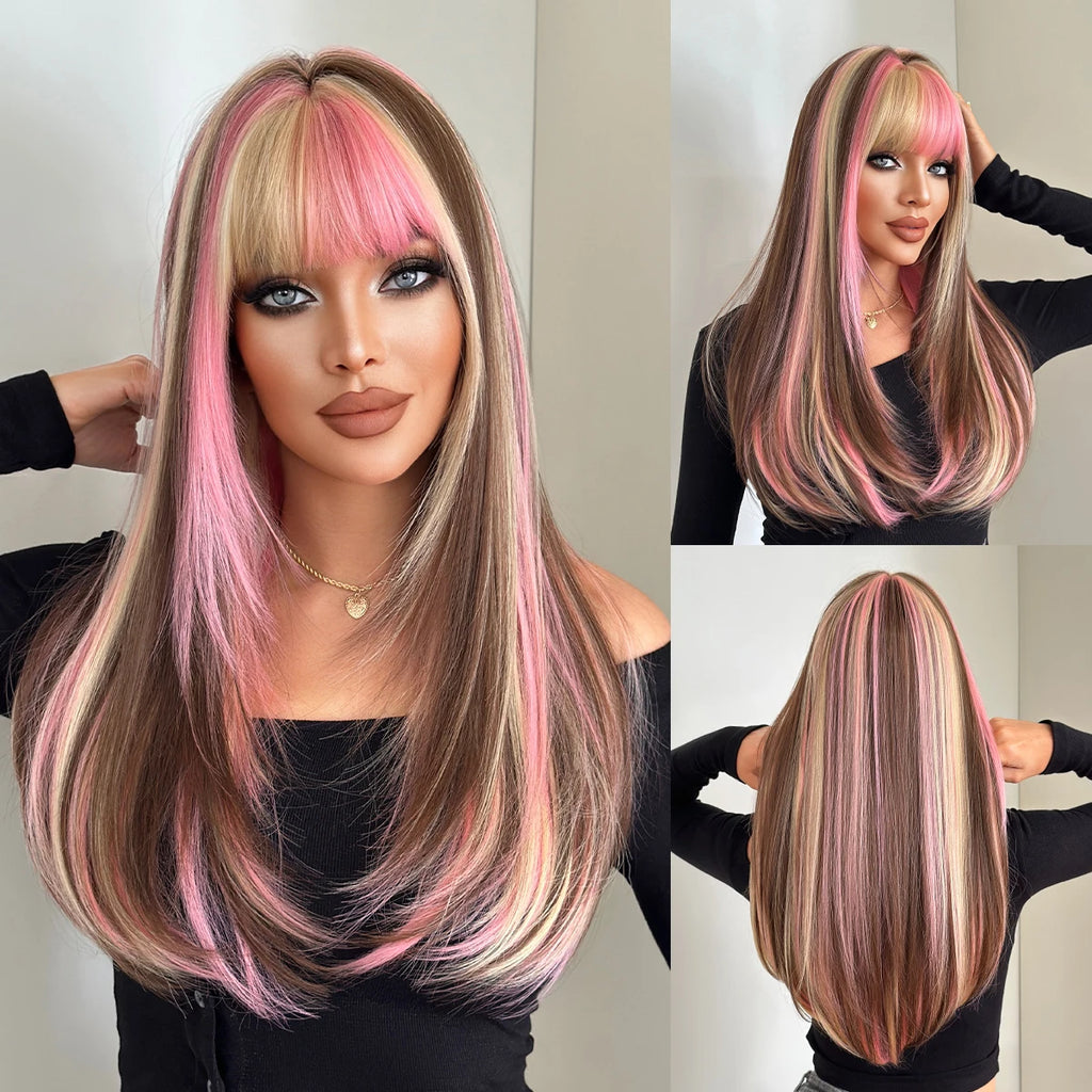 Colorful Long Straight Wig for Women with Bangs - Natural Look, Heat-Resistant Synthetic Hair