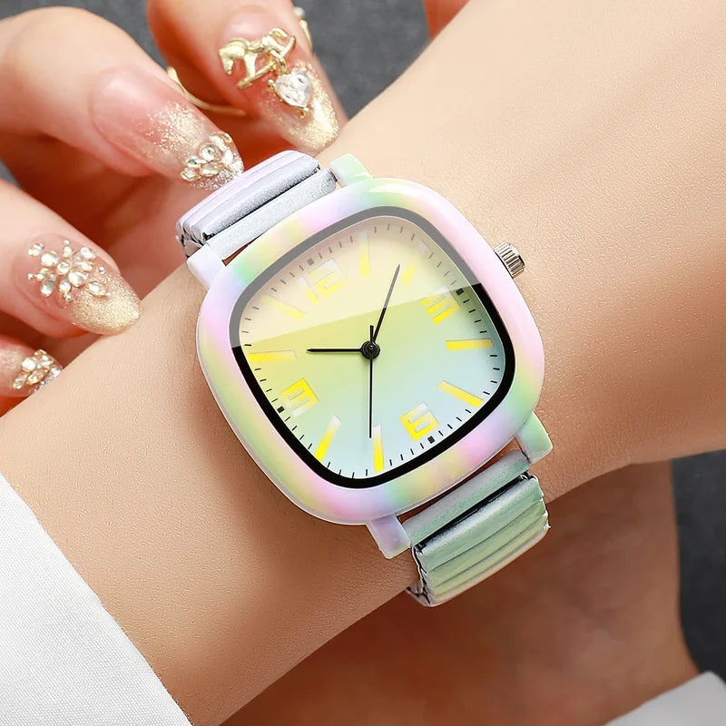 Rainbow Gradient Women Quartz Watch with Colorful Elastic Strap - Ladies Wristwatch