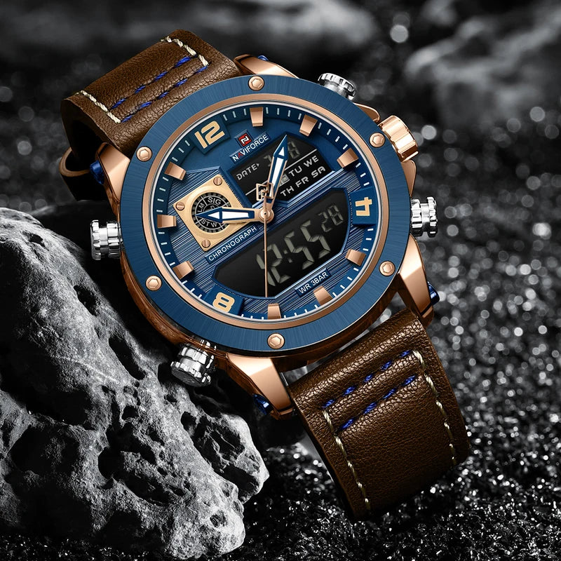 Men's Digital Leather Wrist Watch Dual Display Waterproof Quartz Sport Watch