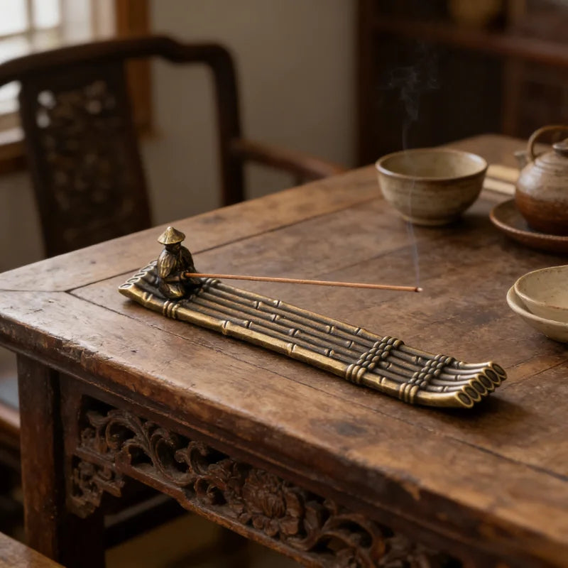 Japanese Style Incense Holder Boat with Men Fishing - Aromatherapy Home Decor