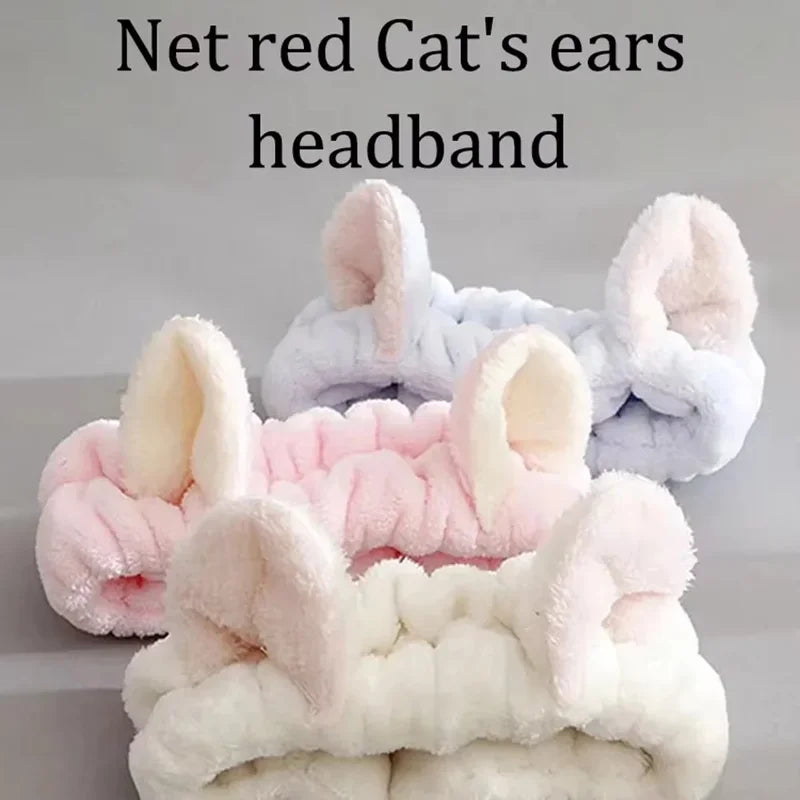 Cute Cat Ear Headband for Women - Soft Fleece Face Mask & Makeup Accessory