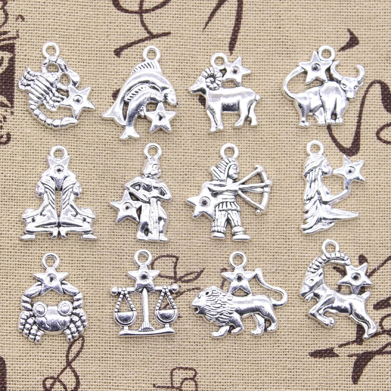 12pcs Zodiac Charm Pendant Set for DIY Jewelry - Capricorn Aquarius Aries Cancer Leo Libra Taurus Scorpio Sagittarius Gemini Pisces