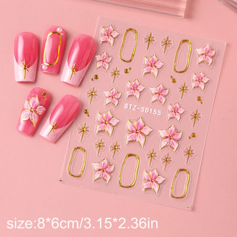 2pcs Embossed Hibiscus Flower Nail Art Stickers with Gold Ring Charms - Manicure Decals