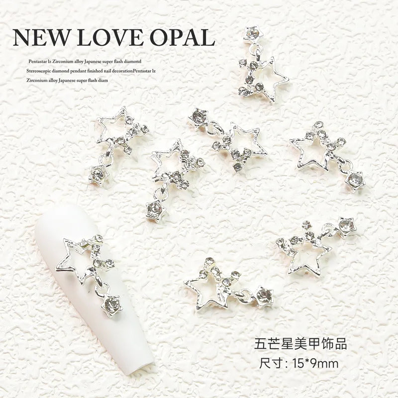10pcs Nail Art Charm Set with Star Heart Saturn Rhinestones Glitter Decorations