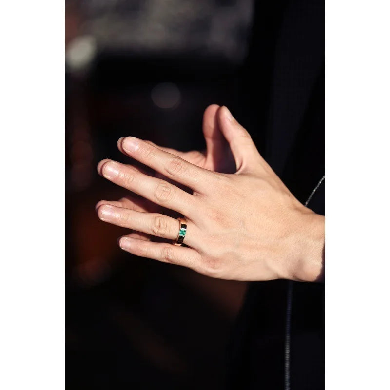 Natural Gemstone Emerald Ring for Women Gold Color Inlaid Green Zircon Stainless Steel Bridal Engagement Jewelry
