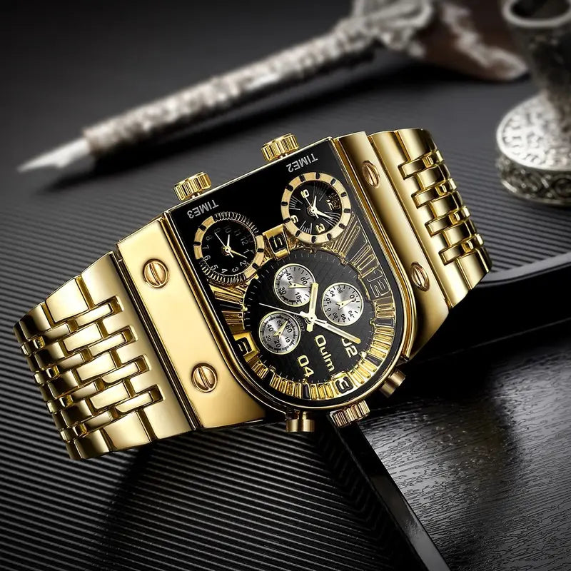 Luxury Multi-Time Zone Men's Quartz Watch with Large Dial and Luminous Steel Band