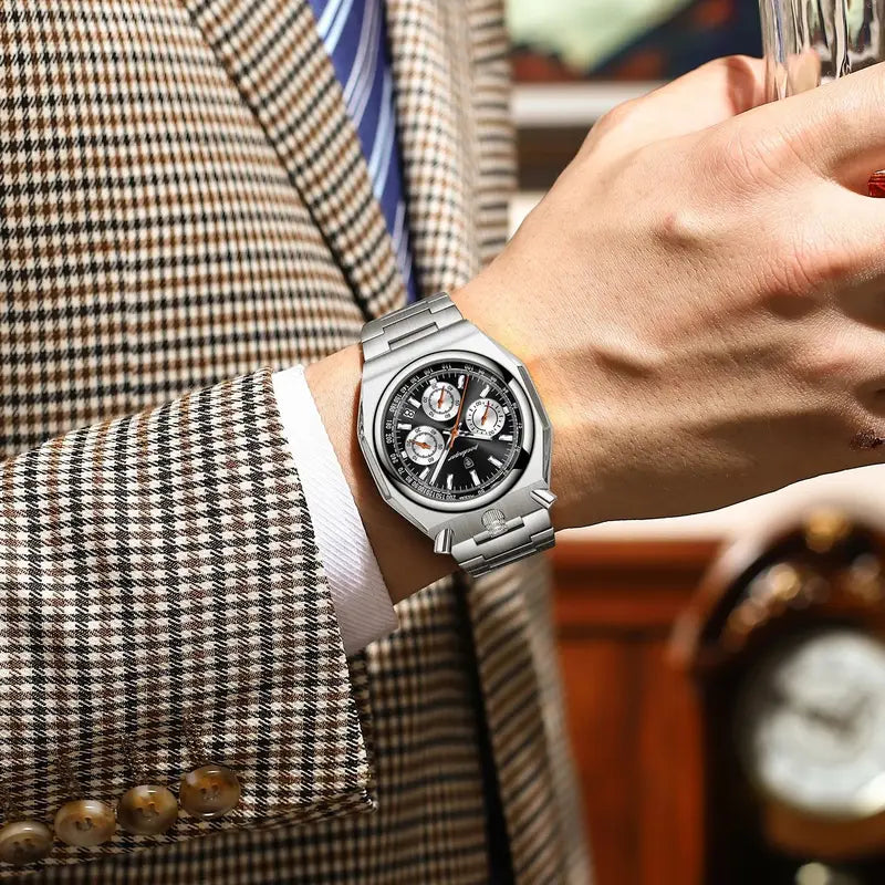 Men's Waterproof Chronograph Watch with Luminous Dial and Stainless Steel Band