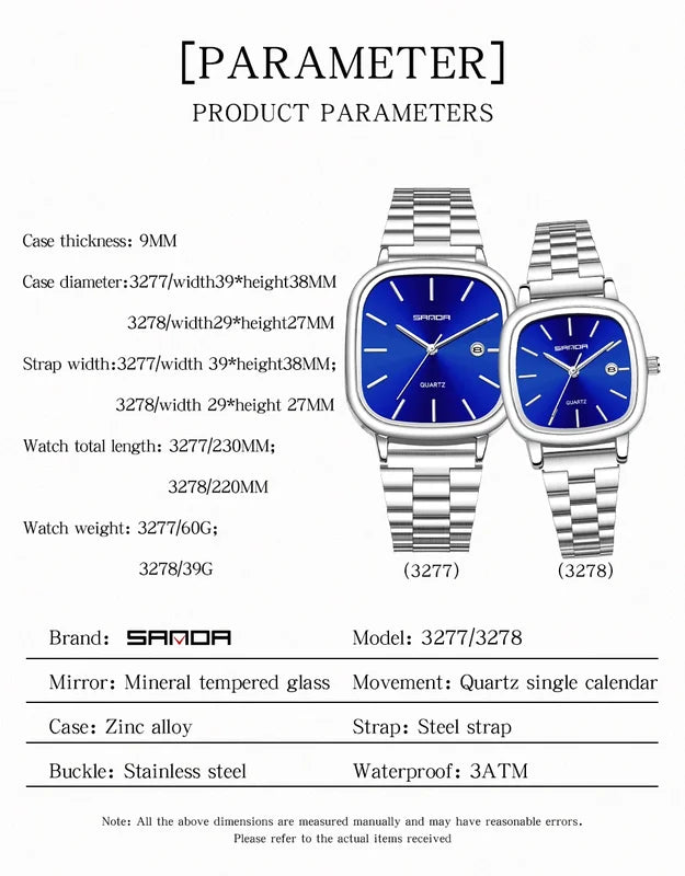 Couple Quartz Watch Set Men & Women's Square Dial Waterproof Calendar Elegant