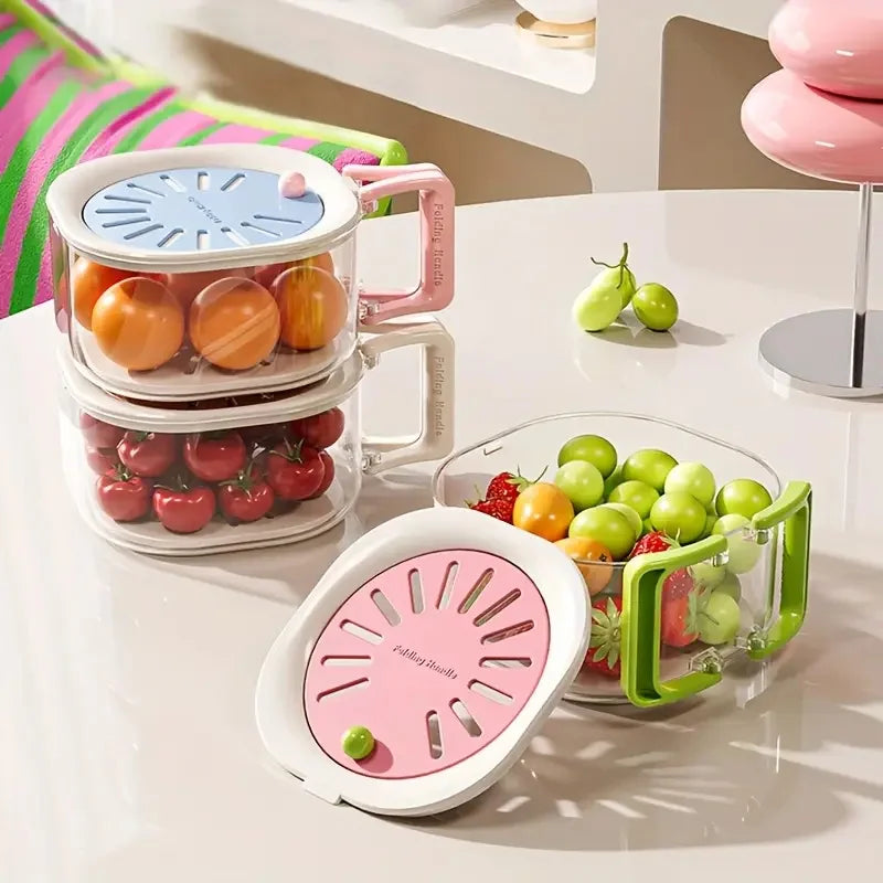 2-in-1 Double Layer Fruit Drain Basket with Foldable Handle Food Strainer