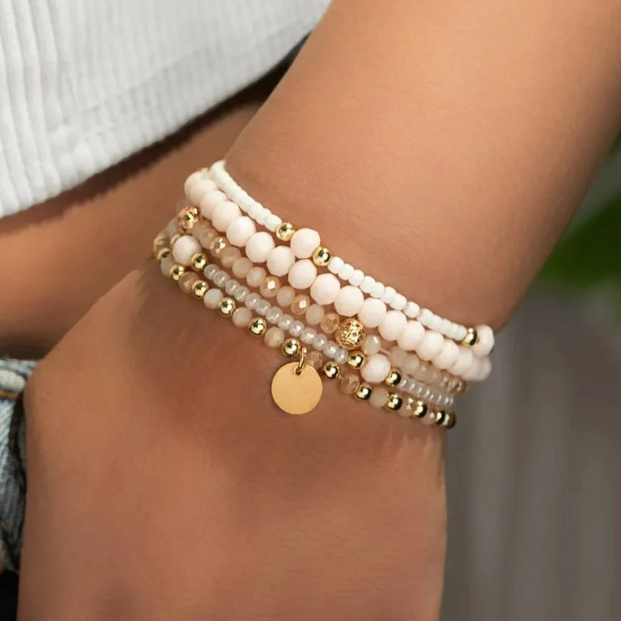 Charm Resin Beaded Bracelet Set for Women - Elastic Chain Jewelry Pack