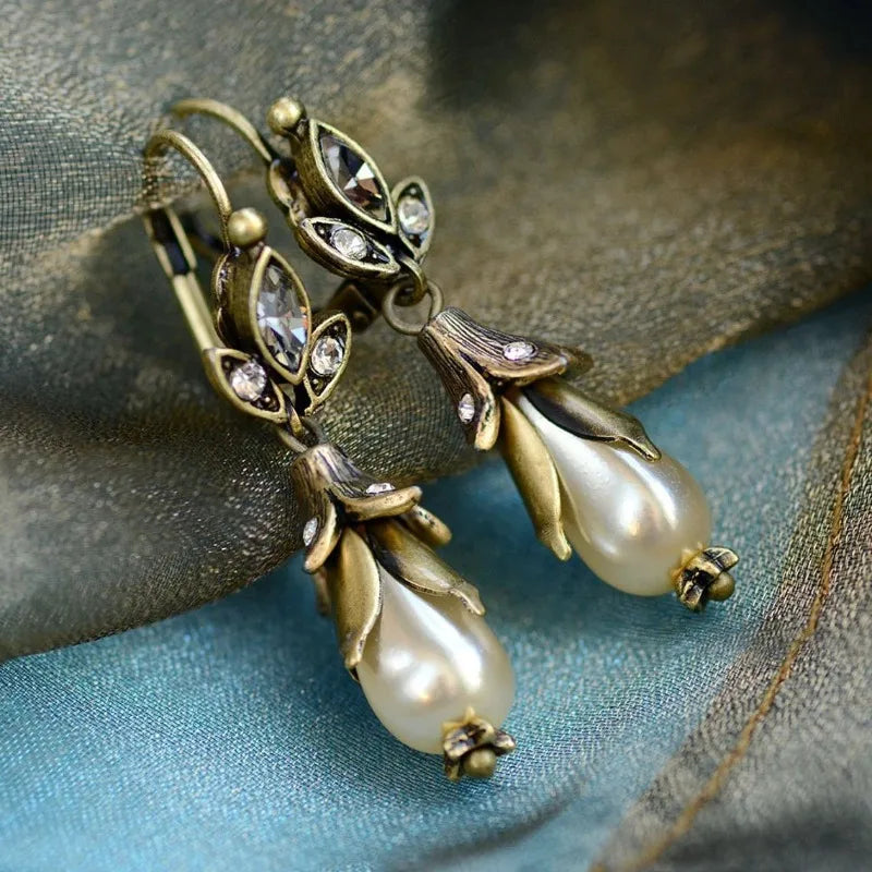 Vintage Water Droplet Pearl Earrings Ethnic Gold Carved Flower Dangle Jewelry for Women