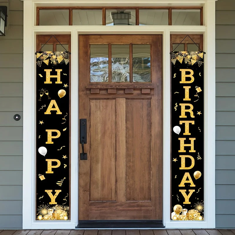 Outdoor Happy Birthday Banner Set - Black & Gold Wall Door Porch Decoration
