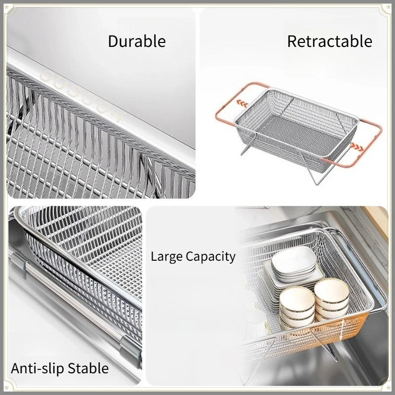 Stainless Steel Sink Drain Rack Kitchen Organizer Retractable Large Capacity Durable