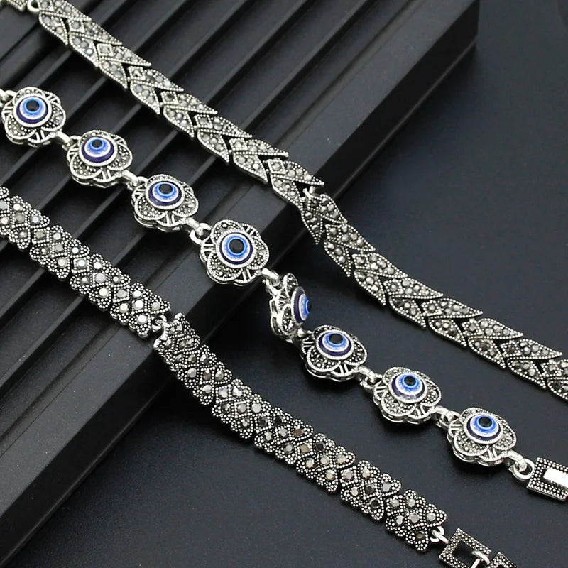 Vintage Turkish Fatima Bracelet for Women Bohemia Evil Eye Charm Silver Jewelry