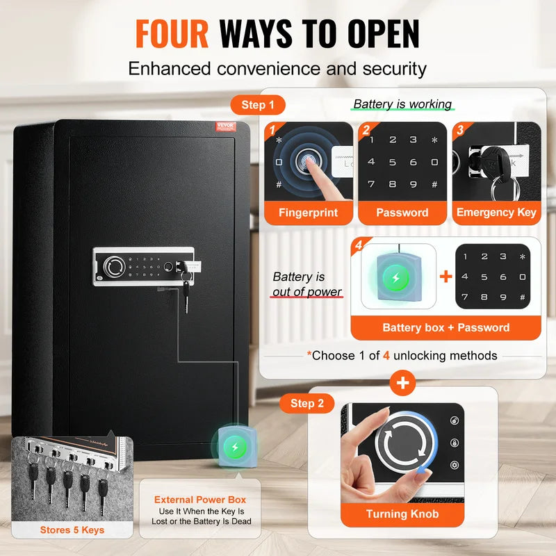 Secure Digital Safe Box with Key, Password & Fingerprint Lock - 4.0 Cu.Ft