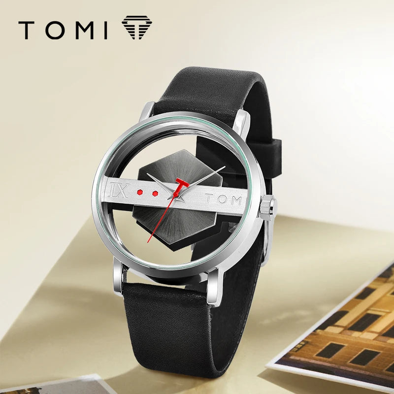 Men's Leather Watch Strap with Hollow Design and Glass Bottom Cover - Quartz Movement