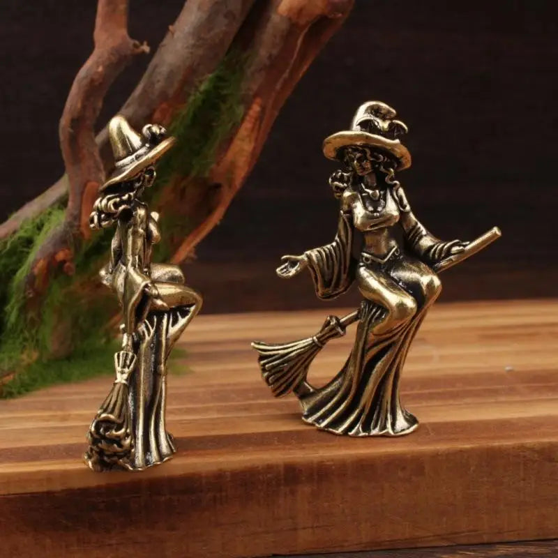 Miniature Brass Witch Ornament for Home Decor, Halloween Magic Theme