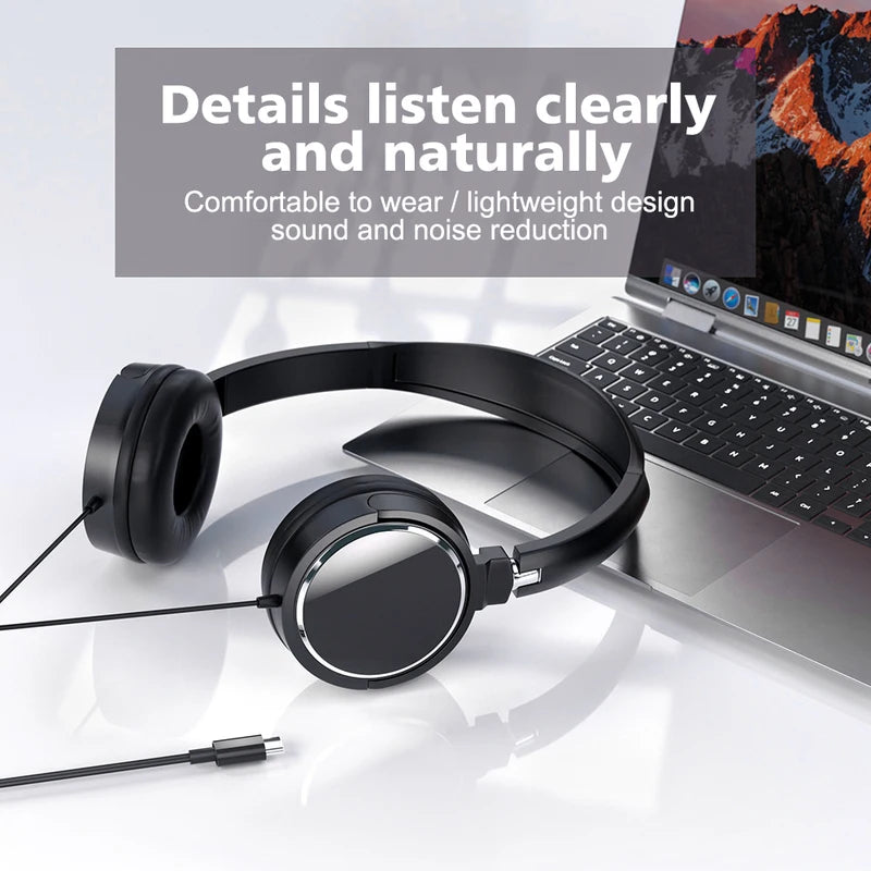 Foldable Wired Headphones with Noise Cancellation and Microphone - Adjustable Stereo Earphones for PC, Mobile, MP3