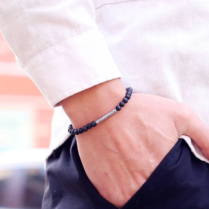 Men's Beaded Stone Bracelet with Elastic Cord - Natural Lava, Tiger Eye, Hematite, Silver Finish