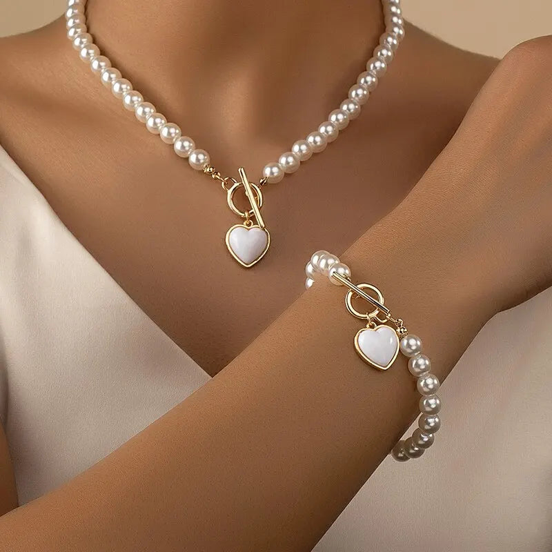 2-Piece Pearl Necklace and Bracelet Jewelry Set for Women