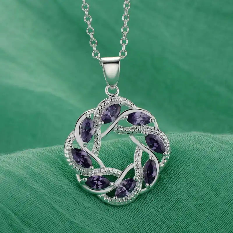 Sterling Silver Necklace Pendant with Purple Zircon for Women Wedding Engagement Jewelry