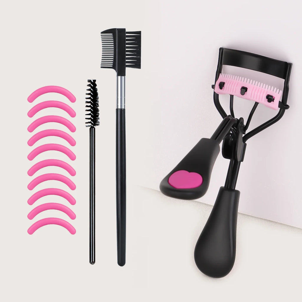 Portable Eyelash Curler with 10 Silicone Pads & Spiral & Eyebrow Comb - Gentle Lash Care