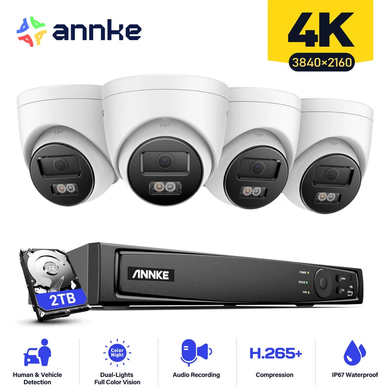 4K PoE IP Camera Kit with Human & Vehicle Detection, Built-in Mic, 8-Channel NVR