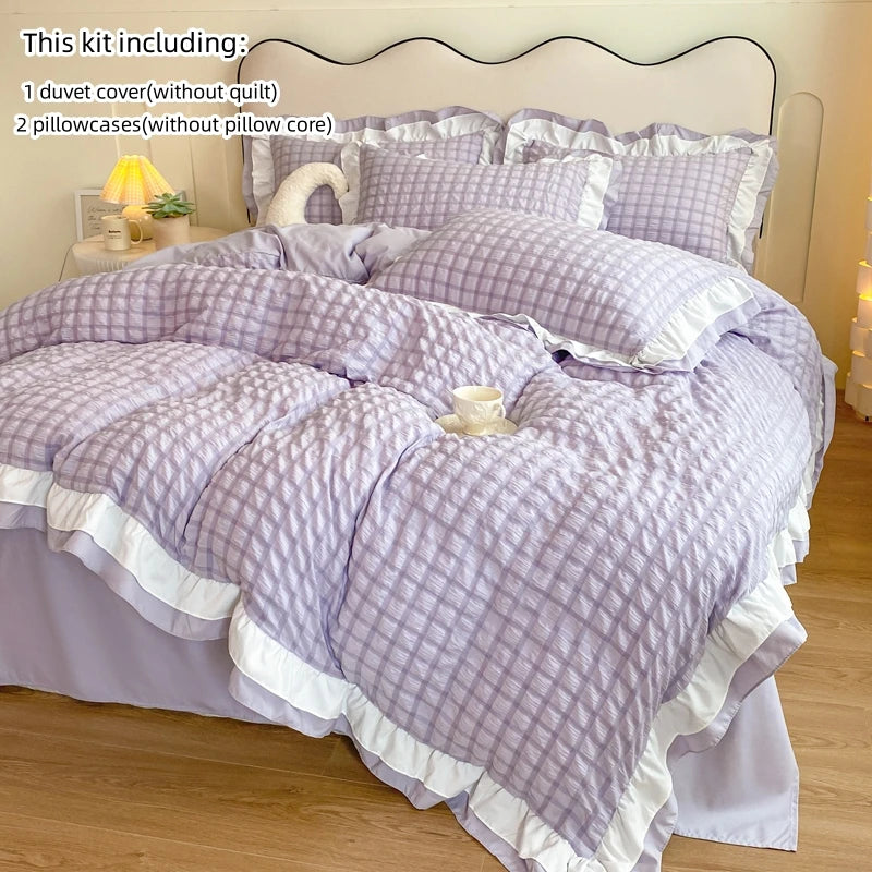 Korean Lace Bedding Set 3 Pieces Seersucker Duvet Cover and Pillowcases