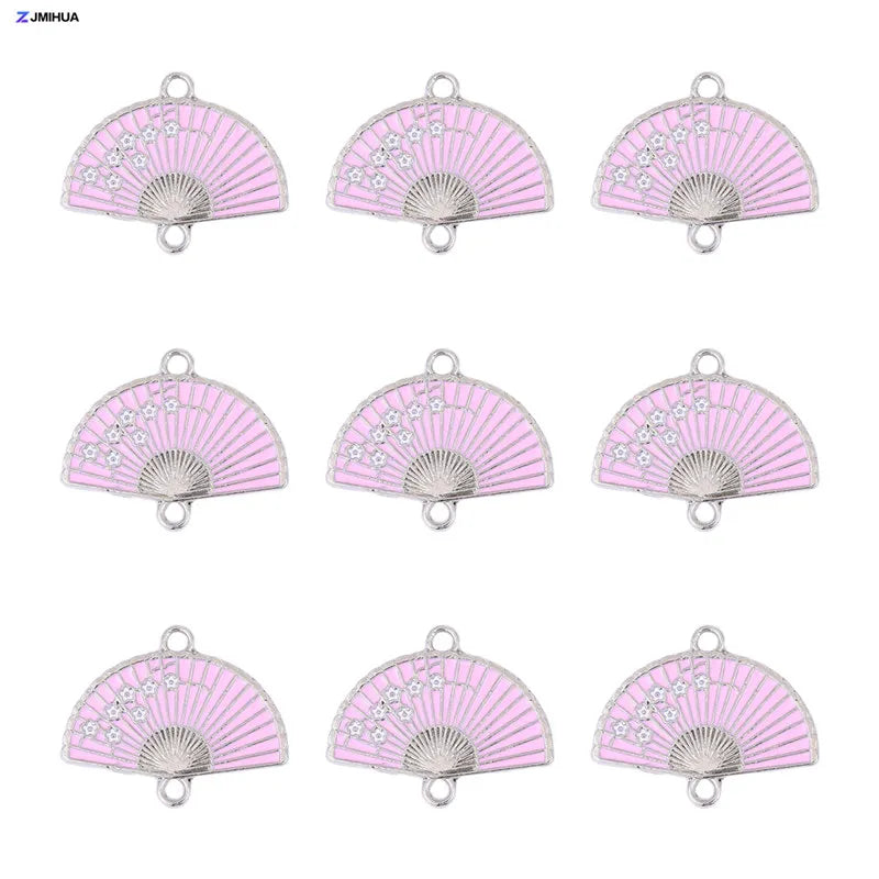 15pcs Enamel Fan Charms Connectors Sakura Pattern Jewelry Making Pendants