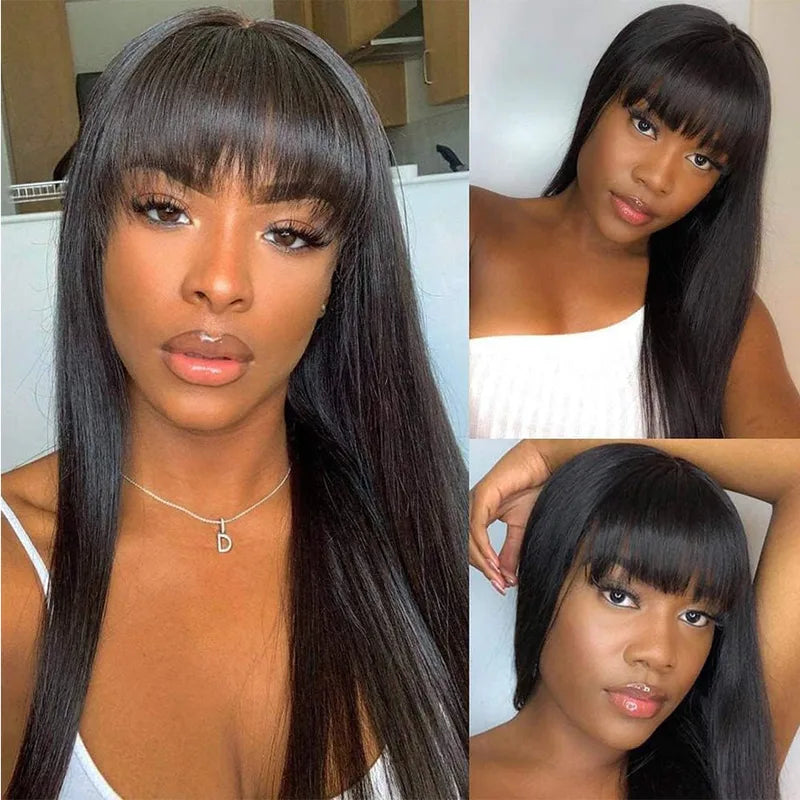 Human Hair Wigs with Bangs 30 Inch HD Lace Straight Full Machine Made Natural Color