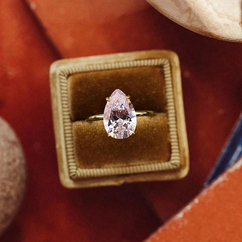 Sterling Silver Zircon Engagement Ring for Women, Sparkling Pear Shape Jewelry