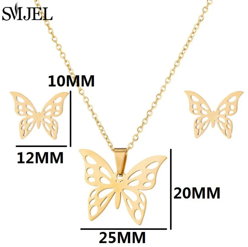Korea Style Stainless Steel Jewelry Sets with Butterfly & Bee Pendants for Women Summer Beach Wedding Gift