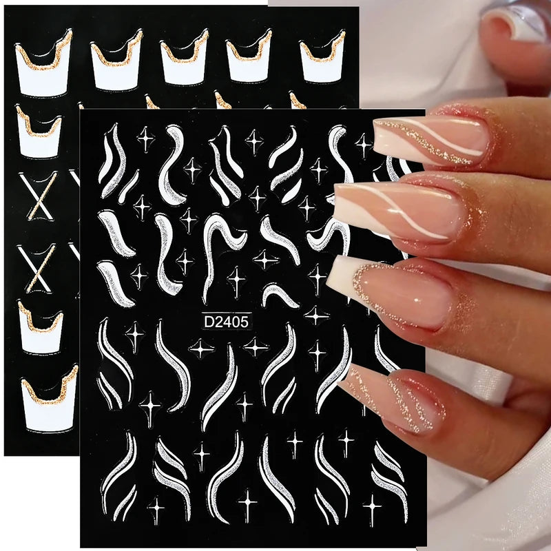 French Nail Stickers with Gold Silver Stripes Waves Ribbons Reflective Powder Decals