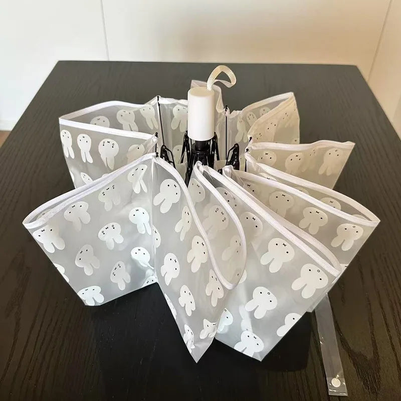 Cute Frosted Transparent Umbrella - Fully Automatic Portable Cartoon Rabbit Folding Umbrella for Students