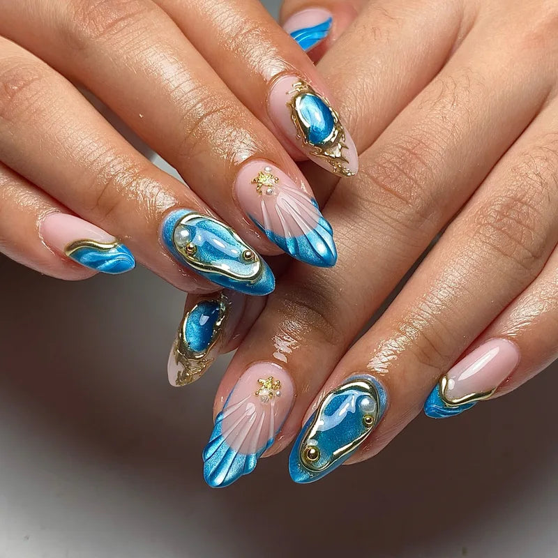 24Pcs Irregular Gilded False Nail Set with Pearl Glitter Almond Acrylic Tips