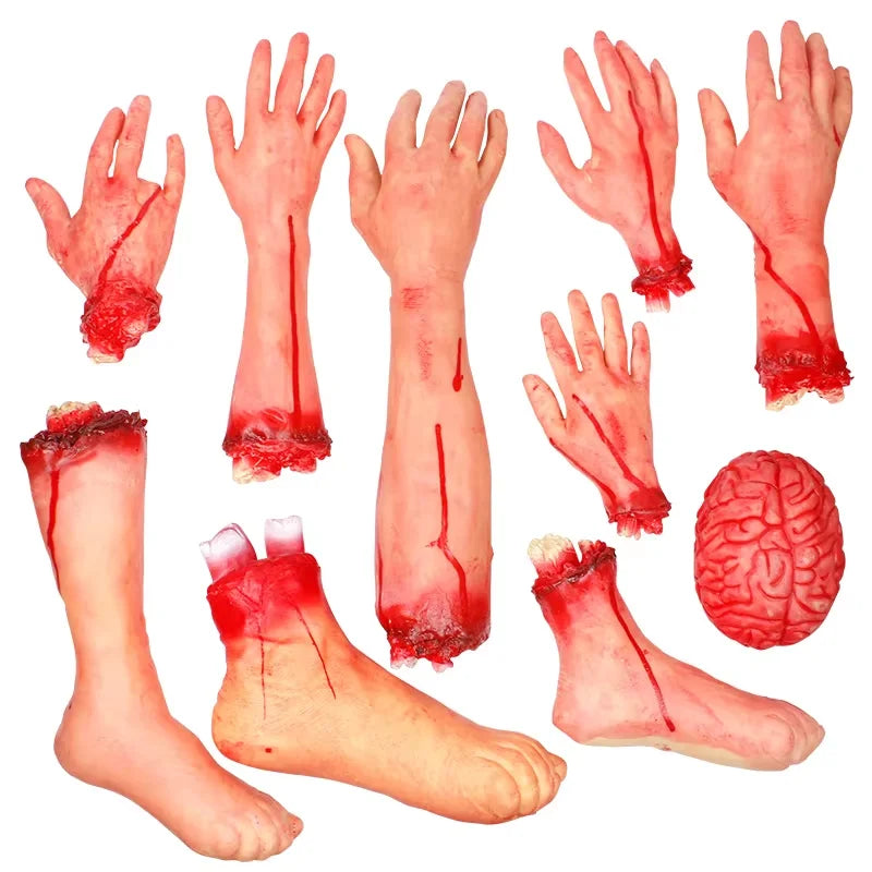 Halloween Bloody Body Parts Decor Set - Fake Hands Legs Arms Brain Heart Horror Props