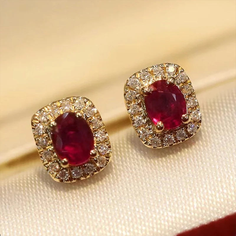 Elegant Red Cubic Zirconia Stud Earrings in Gold Tone - Wedding Jewelry for Women