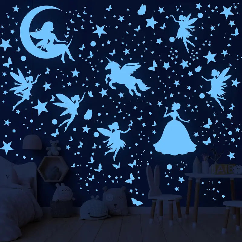 Glow in the Dark Unicorn & Galaxy Wall Decals for Girls' Bedroom - Fairy Butterfly Night Light Stickers