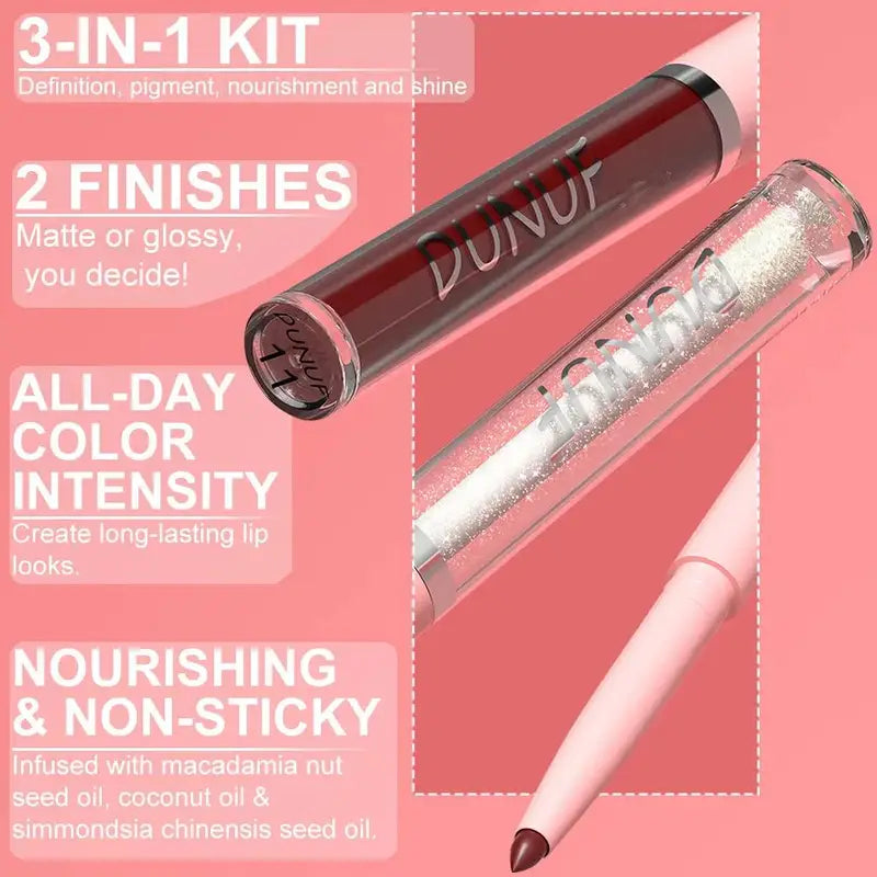 3-Piece Matte Lipstick Lip Liner and Lip Oil Set Waterproof Long Lasting