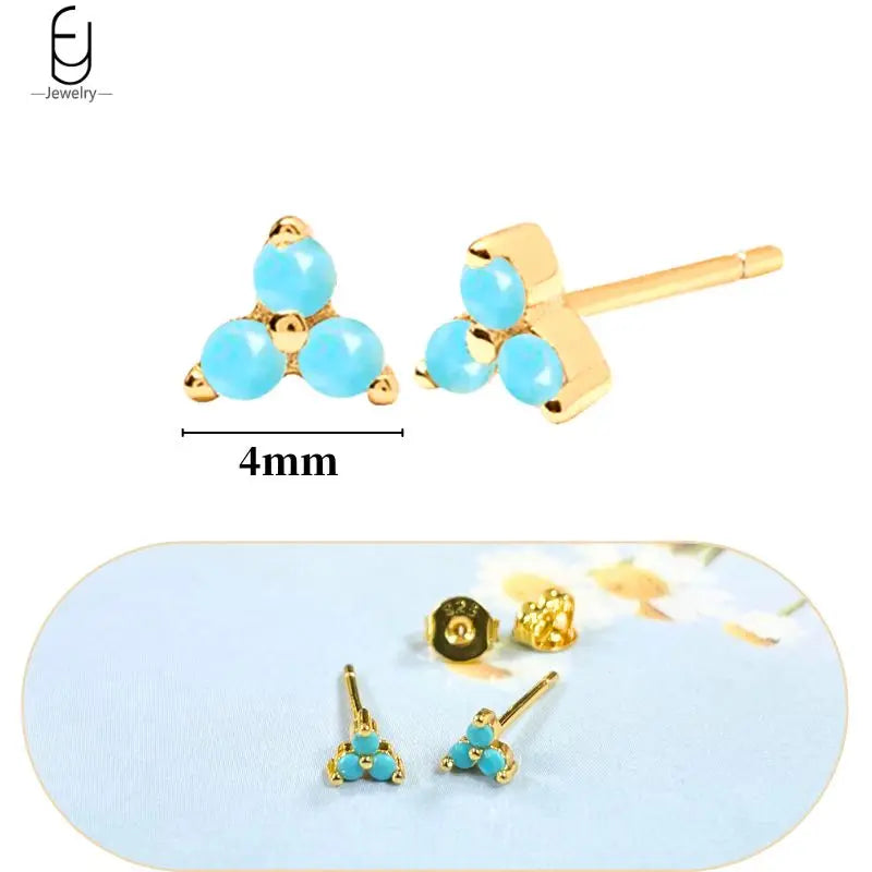 Sterling Silver Turquoise Stud Earrings for Women - Blue Crystal Pendant, Gold Finish
