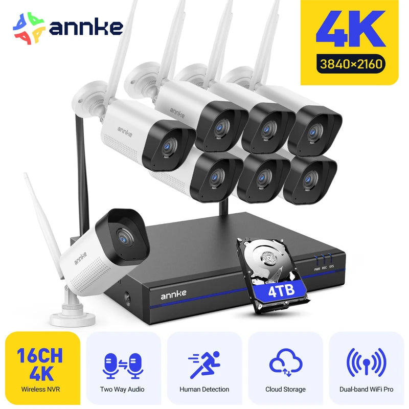 8MP Wireless CCTV Security System Kit with 16 Channels, 4K PoE Cameras, Two-Way Audio