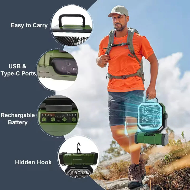 Portable 20000mAh Camping Fan with LED Light and USB Power Bank - Outdoor Tent Fan with 270° Adjustable Wind Speeds and Timer