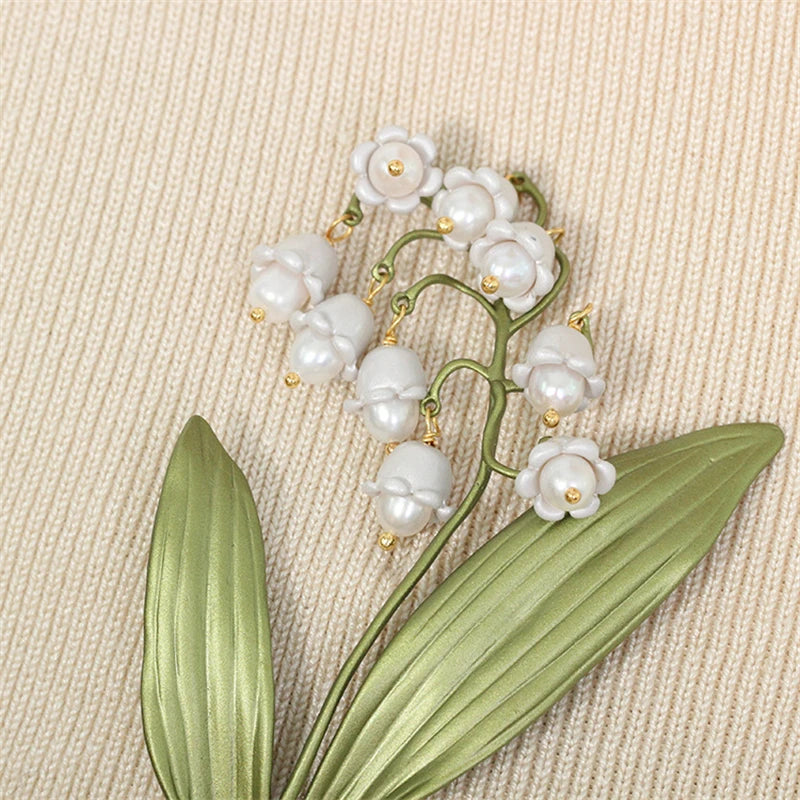 Pastoral Style Lily of The Valley Pearl Brooch Green Leaf Plant Jewelry